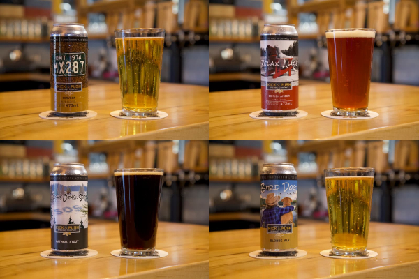 A collage of 4 beers available at Kick & Push Brewery.