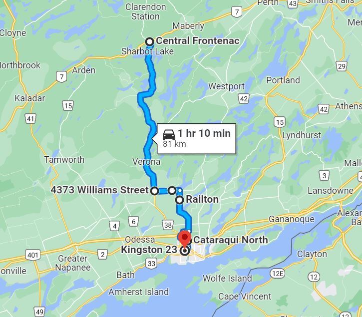 The delivery route for KAP brewing from Sharbot Lake to Kingston.